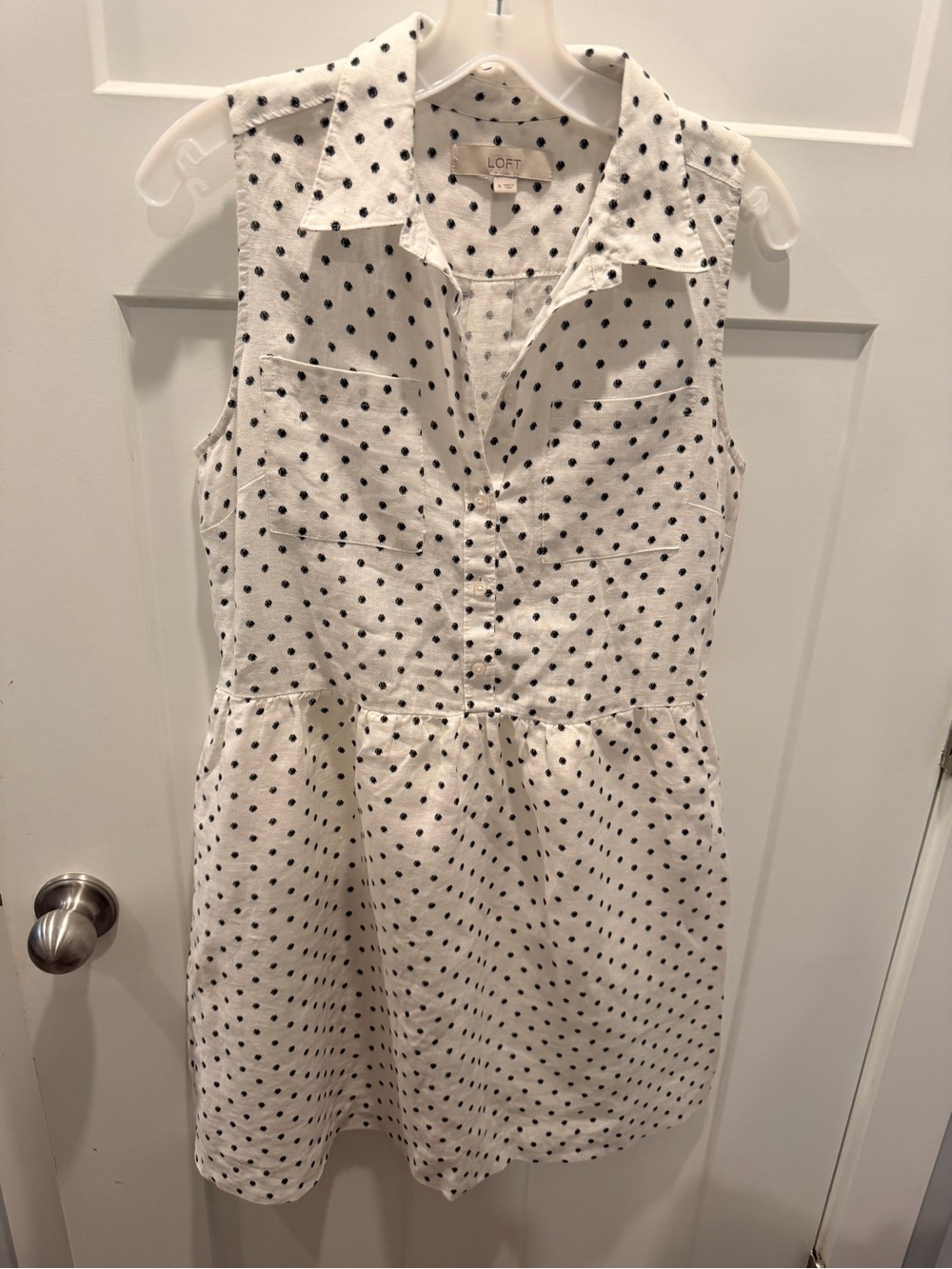 LOFT 100% Linen Sleeveless Shirt Dress White Navy Polka Dot Size 6